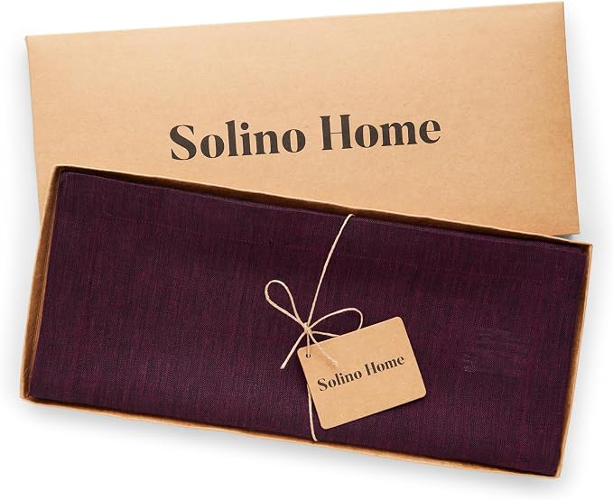 Solino Home Linen Chambray Burgundy Table Runner 108 Inches Long - Athena, 100% Pure Linen 14 x 108 Inch Table Runner