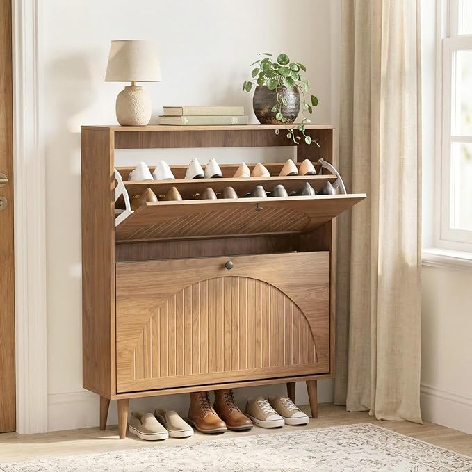 Wood Shoe Rack for Entryway with Fluted Panel, Shoe Storage Cabinet for Entryway with 2 Flip Drawers, Narrow Freestanding Shoe Cabinet for Hallway, Foyer, Living Room (Walnut)