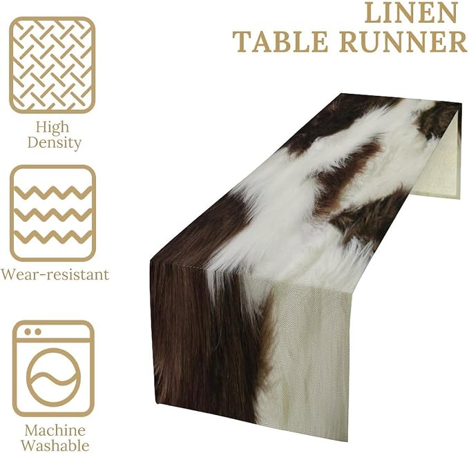 Cow Print Table Runner 3D Cow Fur Skin Brown Cowhide Country Farmhouse Wild Animal Theme Table Runner for Living Room Kitchen Dining Table Decoration 13x60in