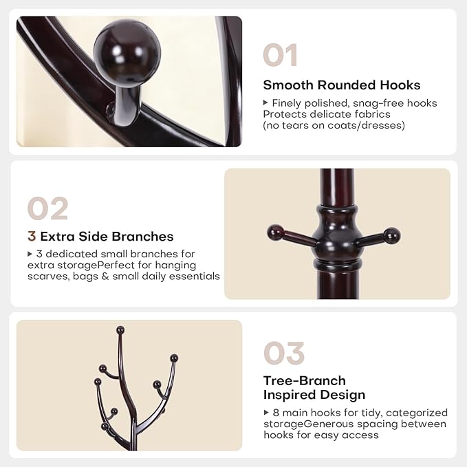 Freestanding Rubberwood Coat Rack, 11 Hooks & 16.5" Wide Round Base, Wooden Coat Rack Stand, Coat Hanger Free Standing Hall Tree for Entryway, Hallway, Bedroom, Jacket, Clothes (Wine Red)