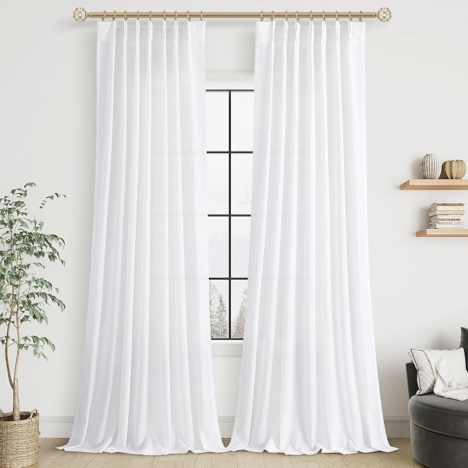Aersas White Pinch Pleated Linen Curtains 105 Inches Long for Living Room Pinch Pleat Hooks for Track Back Tab Light Filtering Boho Farmhouse Semi Sheer 105 Inch Curtain for Dining Room Bedroom