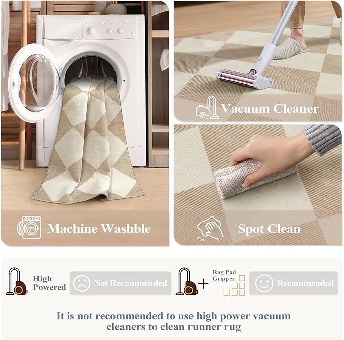 Beeiva Checkered Print 3x5 Washable Area Rug for Bedroom, Non Slip Ultra Thin Beige Entryway Rug Non Shedding Kitchen Rug 3x5, Modern Checkerboard Carpet Plaid Decor for Bathroom Office Nursery