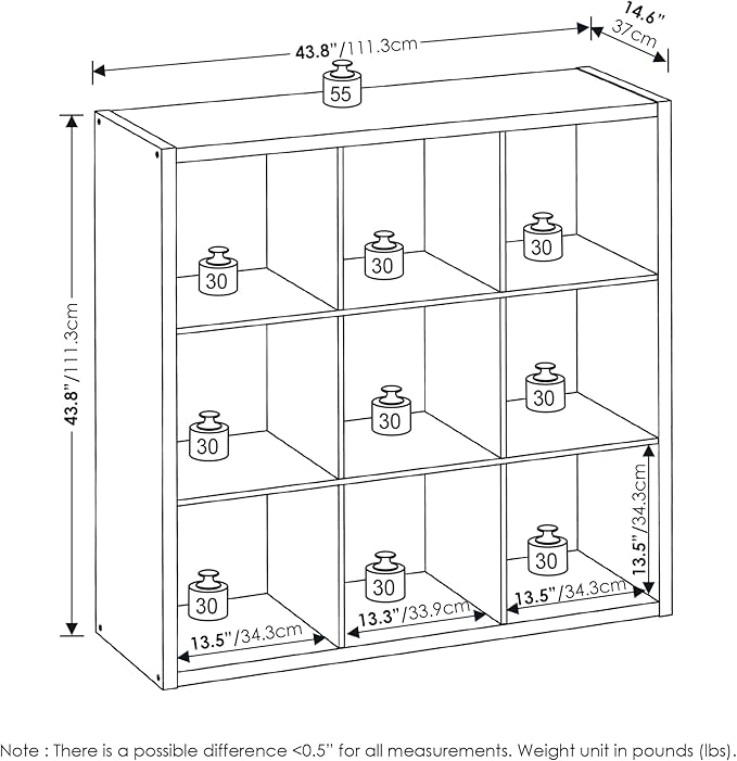 Furinno Cubicle Book Shelf, 9-Cube Bookshelf, Extra Thick Frame Reversible Bookcase with Open Back, 14.6" x 44" x 44", for Living Room, Bedroom, Home Office, Amber Pine