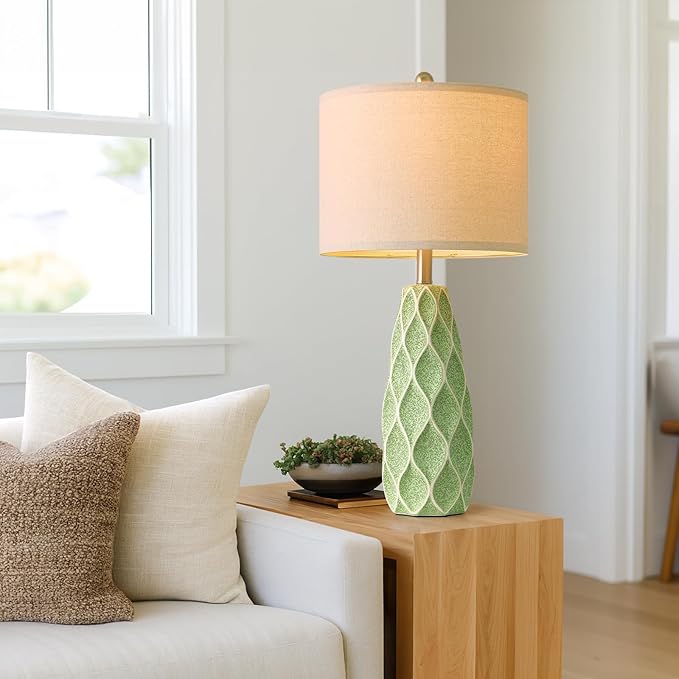 27.5" Ceramic Table Lamps for Living Room Bedroom Lamps Set of 2 Modern Boho Bedside Lamps Night Stands Farmhouse Vintage Large Nightstand Lamp Reading Light Home Office Dorm Desk Deco Gifts, Green