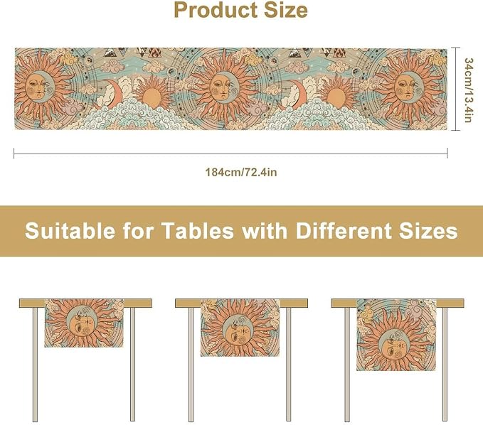 Bohemian Moon Sun Table Runner, Retro Boho Funny Sun Moon Clouds Design Table Runner for Kitchen Dining Party Decor, 13x120 Inch
