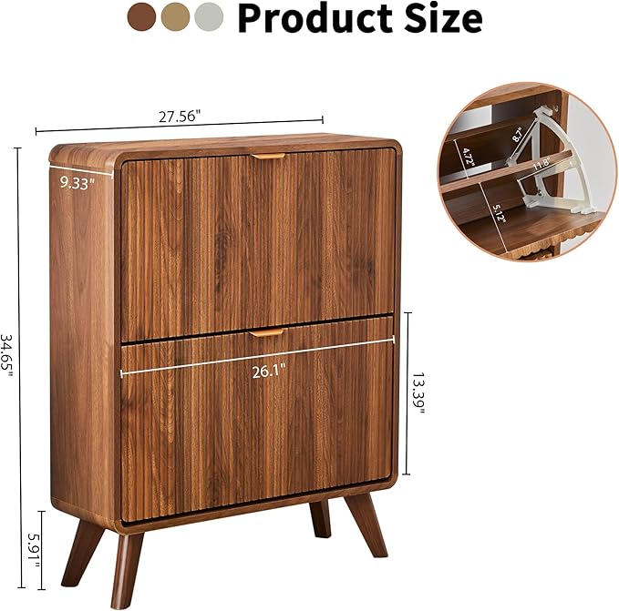 RARZOE Set of 2 Fluted Shoe Storage Cabinets for Entryway, Narrow Curved Shoe Cabinet with 2 Flip Drawers, Freestanding Wood Hidden Shoe Organizer Closed Shoe Rack Cabinet for Foyer,Hallway (Walnut)