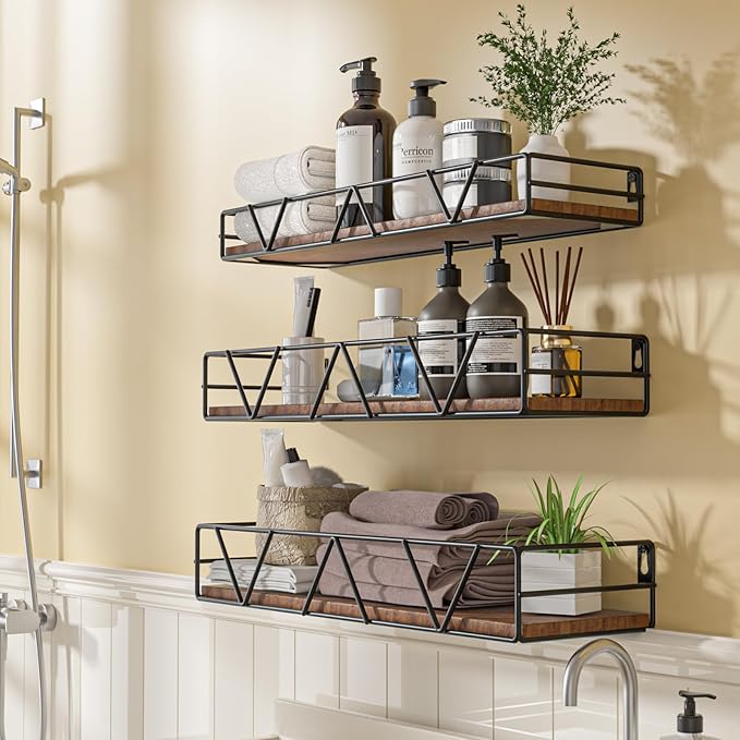 Amaoot Floating Shelves Set of 3, Home Wood Wall Shelf, Farmhouse Shelf for Bedroom, Wall Mounted Floating Shelf for Living Room, Bedroom, Bathroom, Kitchen, Office (Black)