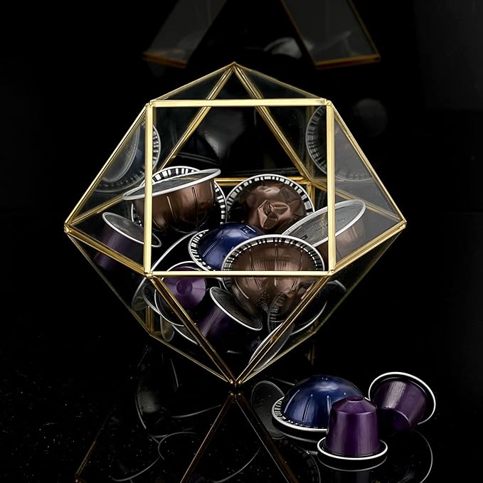 ELLDOO Gold Glass Coffee Pods Holder, Large Capacity 14 Sided Glass Box for K Cups & Nespresso Capsules, Coffee Capsule Storage for Counter Coffee Bar, Kitchen, Office