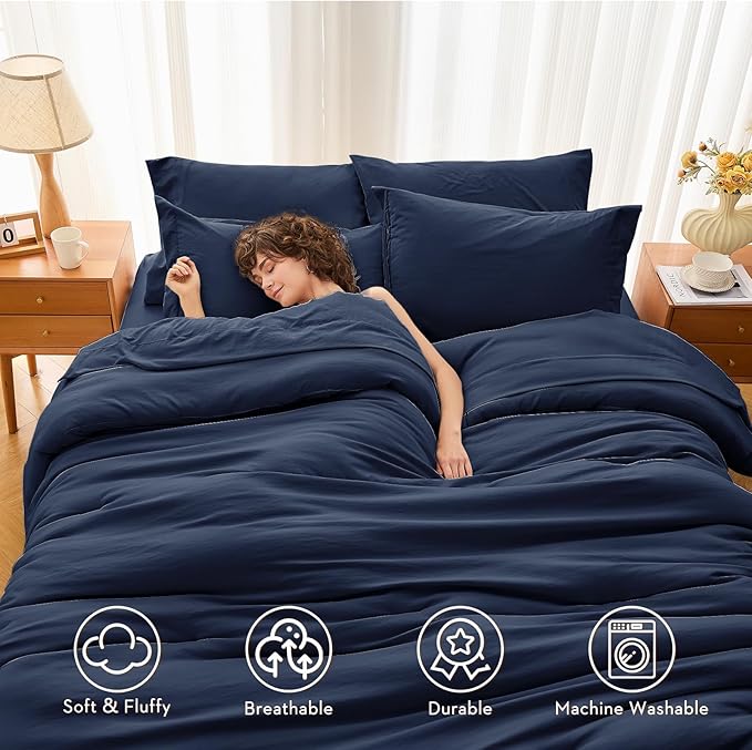 MUXHOMO 7 Pieces California King Comforter Set, Soft Bed in a Bag Cal King Size, All Season Bedding Set with Comforter, Flat Sheet, Fitted Sheet, Pillowcases & Shams, Navy Blue