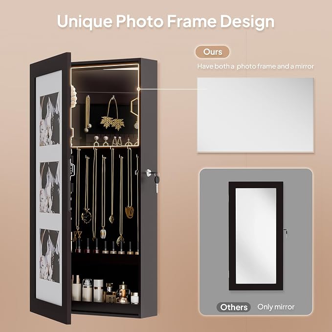 VINGLI Brown Wall-Mounted Jewelry Organizer for Women, 3-in-1 Photo Frame, Mirror & Lockable Storage Cabinet, Hanging Jewelry Box for Earrings, Rings, Necklaces, and Bracelets, Space-Saving Gift
