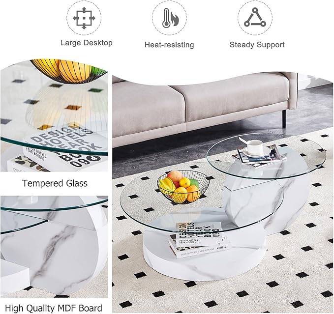 42" Glass Coffee Table, Round Coffee Table, Modern Double Layer Round Glass Coffee Table for Living Room, White