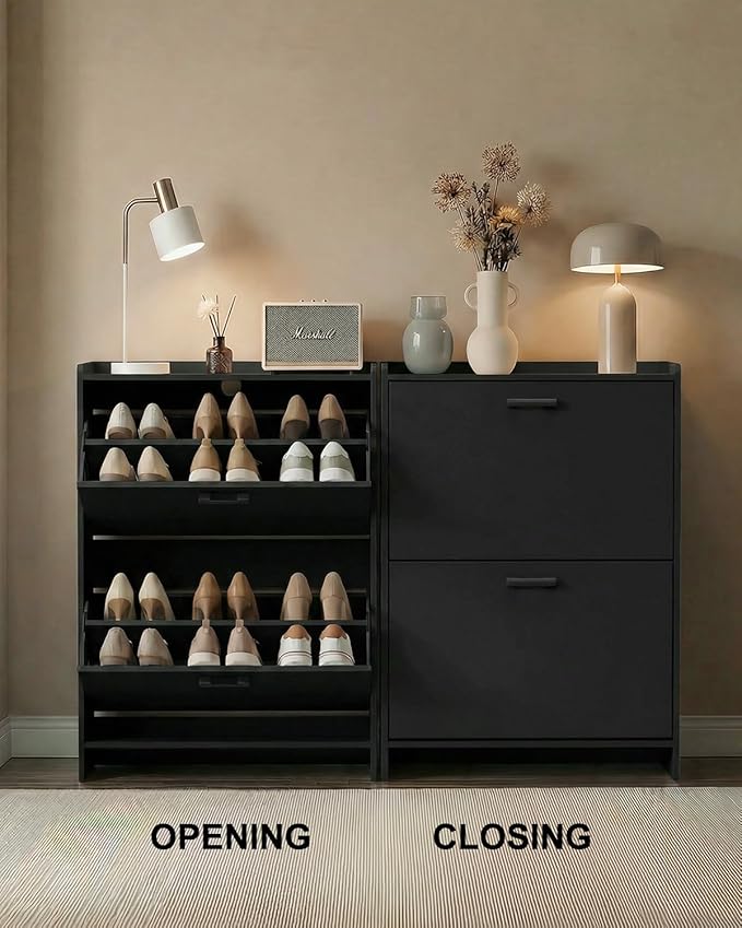 Shoe Cabinet Organizer with 2 Flip Drawers, Freestanding Narrow Rack with Adjustable & Removable Shelves, Slim Shoe Storage for Entryway, Foyer, Hallway, Black
