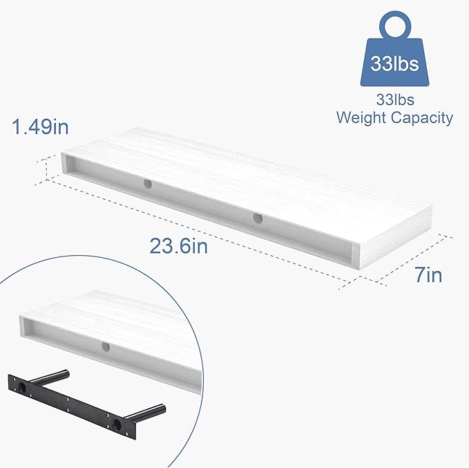 Floating Shelves White, Wall Mounted Wooden Shelves for Bathroom Over Toilet, Bedroom, Living Room, Kitchen & Office, Hanging Shelf for Storage & Decor Display, Set of 2, 24"x7"x1.5"