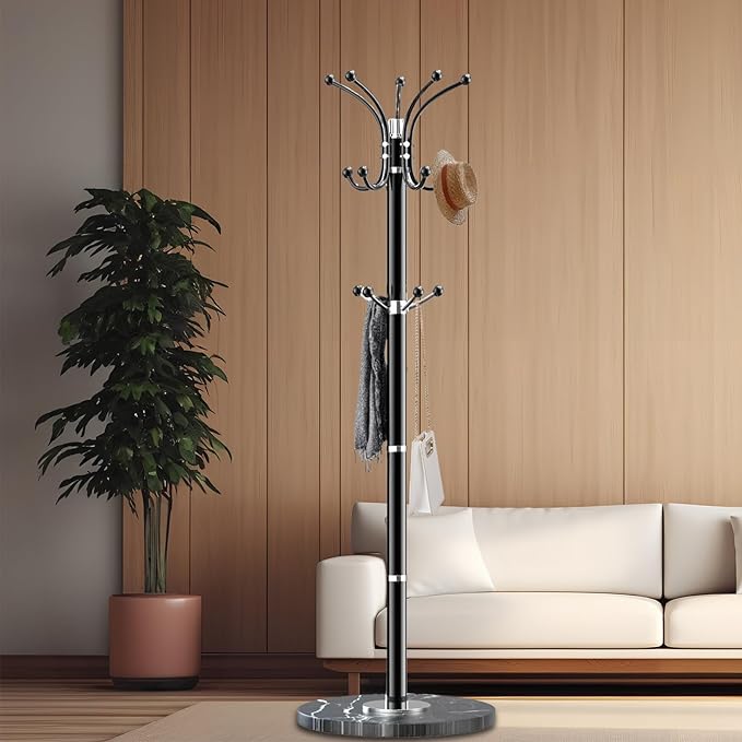 Snaikor Metal Coat Rack Stand with Natural Marble Base, Modern Coat Rack Freestanding, 360°Rotary Coat Racks with 14 Hooks, Heavy Duty Coat Hall Tree Hanger Stand for Entryway, Office