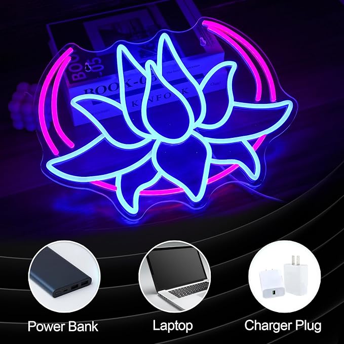 Moon Lotus Flower Neon Sign Led Blue Lotus light Up Sign for Bedroom USB Powered Moon Neon Light for Yoga Room Game Room Man Cave Wall Decor