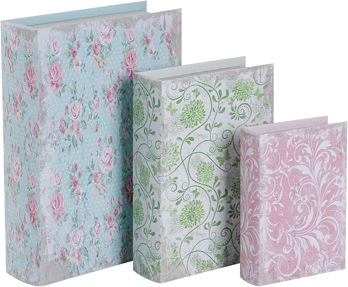 Wooden Book Box Set of 3 with Magnetic Closure and Vintage Floral Pattern Leather Cover Design, Non-Woven Fabric Interior, Decorative Secret Storage for Bookshelves and Home Office