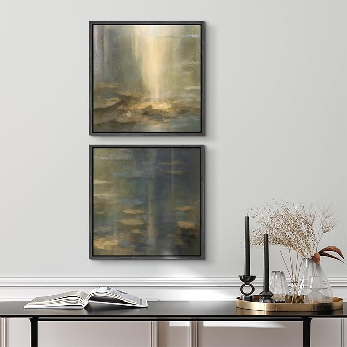 SIGNFORD Framed Canvas Print Wall Art Set Golden Light Reflection Abstract Moody Illustrations Modern Art Minimal Relax/Calm for Living Room, Bedroom, Office - 24"x24"x2 Black
