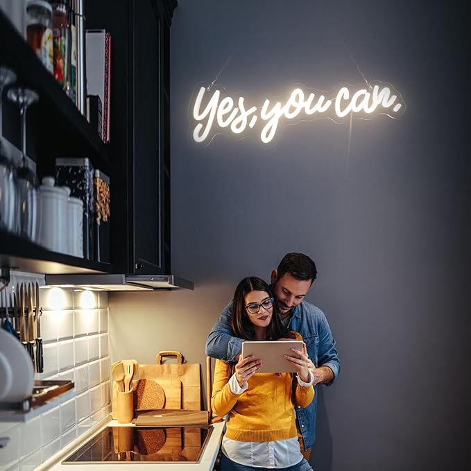 "Yes, You Can" LED Neon Sign Words Light Up Signs for Room Wall Art Decor, Inspiring Neon Light for Home, Apartment,School,Bar,Hotel,Restaurant,Cafe Decoration Christmas Birthday Gift (Warm white)