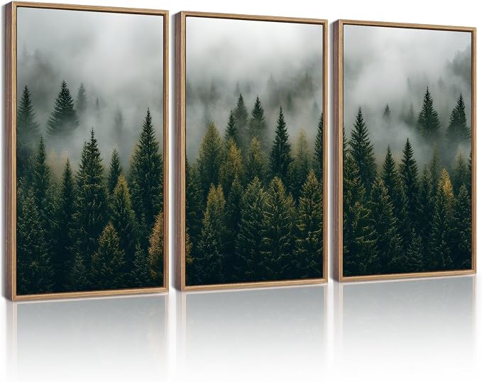 KUVIOKE Green Fog Pine Tree Landscape Framed Wall Art Nature Nordic Misty Forests Prints Morden Farmhouse Bedroom Living Room Ready to Hang 12x16in (Natural Framed)