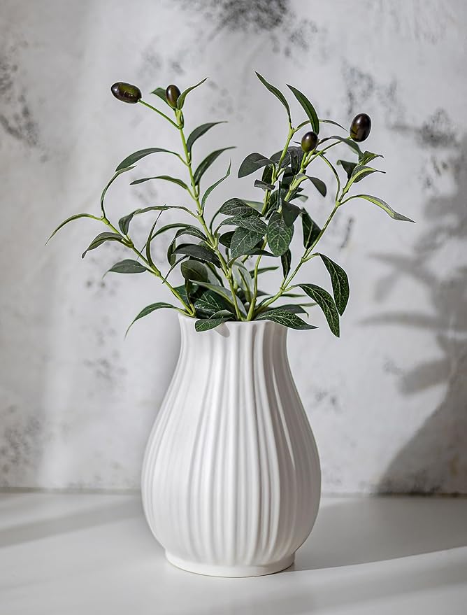 NUPTIO Ceramic Flower Vase for Bouquet: 8.07" Tall White Vases for Home Decor - Modern Decorative Table Centerpiece for Living Dining Room Kitchen Decor