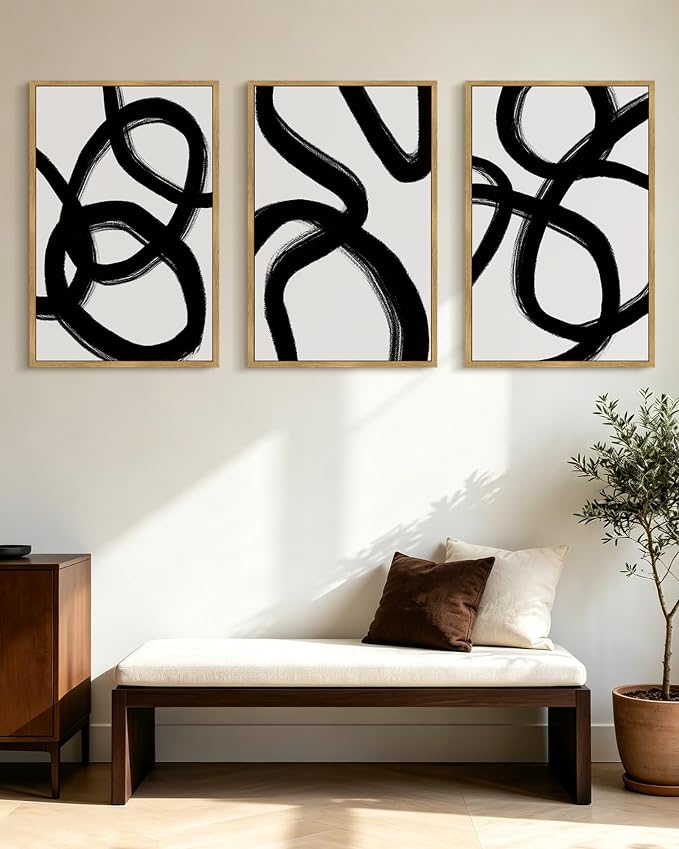 KUVIOKE Black and White Abstract Framed Wall Art Ink Wash Minimalist Lines Painting Artwork for Bedroom Hallway 24x36in (Natural Framed)