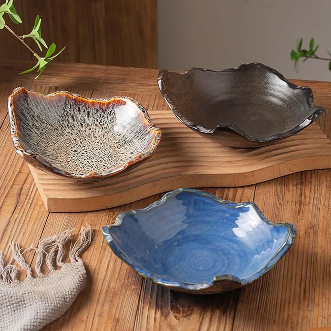 8" Small Ceramic Decorative Bowl 1 Pice – Irregular Rim Reactive Glaze Candy Bowl, Berry Bowl, Entryway Catchall, Japanese Style Fruit Dish for Tabletop or Home Decor (Blue)