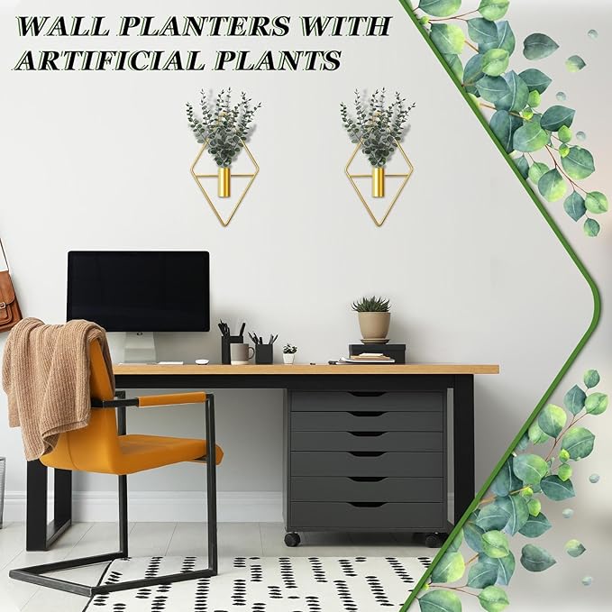 Jexine 4 Pcs Hanging Planters with Artificial Eucalyptus Metal Hanging Vase Indoor Plants Holder Modern Geometric Boho Bathroom Wall Decor for Living Room Home Office (Eucalyptus,Gold)
