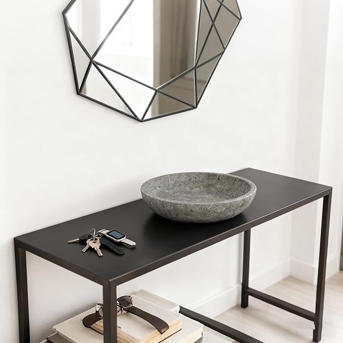 Silver Gray Travertine Bowl, 7.8" Modern Natural Stone Centerpiece for Industrial Home Decor, Handmade Fruit Bowl, Futuristic Tabletop Sculpture,Kitchen Counter, Entryway & Office Desk Organizer