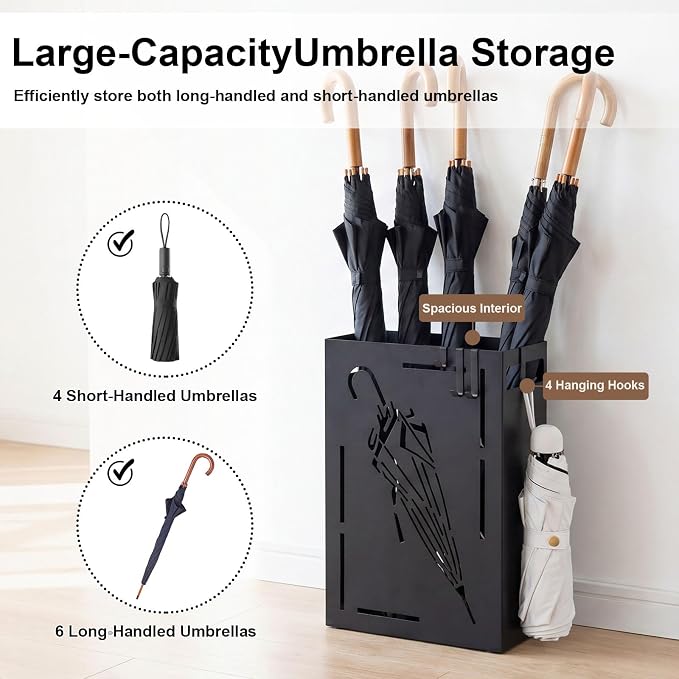 Goplus Metal Umbrella Holder, Rectangular Indoor Umbrella Stand Freestanding w/Removable Drip Tray, 4 Hanging Hooks, Heavy-Duty Umbrella Holders for Entryway, Home Office, 11 x 5 x 16 Inch, Black