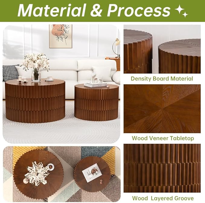 Round Nesting Coffee Table Set of 2 Modern Fluted Coffee Table Walnut Round End Table Small Side Table Circular Coffee Tables Circle Nested Coffee Tables for Living Room (Brown Large)