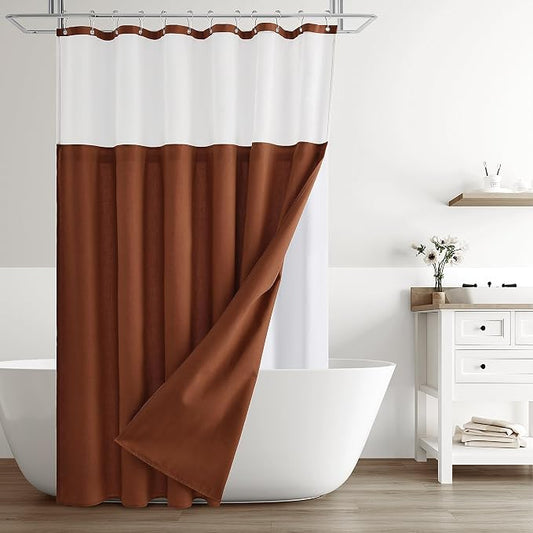 Naturoom Extra Long Linen Shower Curtain 84 Inches Long for Bathroom with Snap in Liner Set Water Repellent Rustic Farmhouse Cloth Double Bath Curtains with See Through Top Terracotta, 72x84