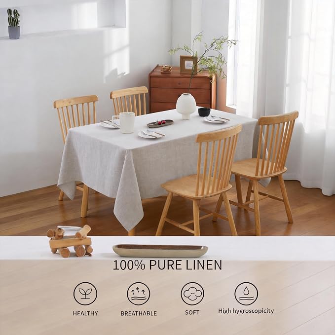 100% French Flax Linen Tablecloths Rectangle 84Lx60W Inch for Dinners, Parties, Easter, Halloween, Camping, Stone Washed, Textured, Machine Washable, 6-8 Sets (60''x84'', Natural Linen)