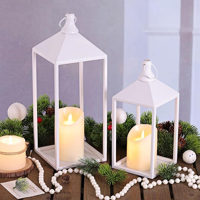 MATAHUM 2pcs Wedding Lanterns Decorative with LED Flameless Candle - White Vintage Farmhouse Metal Decorative Candle Lanterns for Wedding, Fireplace, Table Centerpiece, Indoor, Room, Valentine Decor