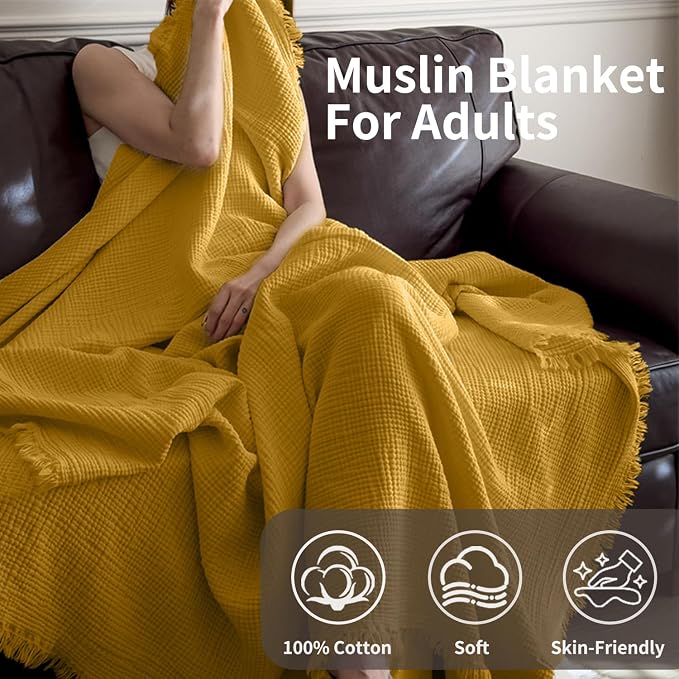 50x70 in Muslin Blanket for Adults, 6 Layer Gauze Blanket Throw | 100% Cotton muslin blanket Lightweight, Breathable & Soft, Twin 50"x70, All-Season Throw for Bed, Couch, or Travel