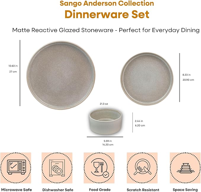 Sango 12 Pieces Stoneware Fluted Dinnerware Set, Modern Cream Dishes for 4, Premium Serving Plates and Bowls Sets, Chip & Scratch Resistant, Ceramic Kitchen Dish, Microwave & Dishwasher Safe, Anderson
