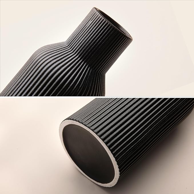 Large Black Tall Ceramic Vase,Smooth 3D Vertical Ribbed, Nordic Minimalist for Pampas, Dried & Fresh Flowers, Home Decor for Living Room, Coffee Table, Bookshelf, Entryway, Farmhouse