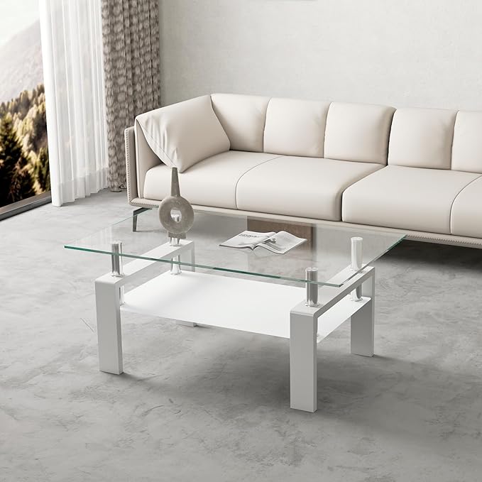 Glass Coffee Table for Living Room, Modern Coffee Table with Transparent Tempered Glass Top and White Metal Legs, Rectangle Tea Table for Home