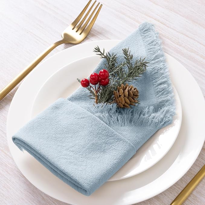 DeZerlor 6 Pack Grey- Blue Cotton Linen Napkins with Fringe Summer Cloth Napkins Set of 6 Boho Handmade Dinner Napkins Bulk for Wedding Bridal Baby Shower Parties, 17 x 17 Inches