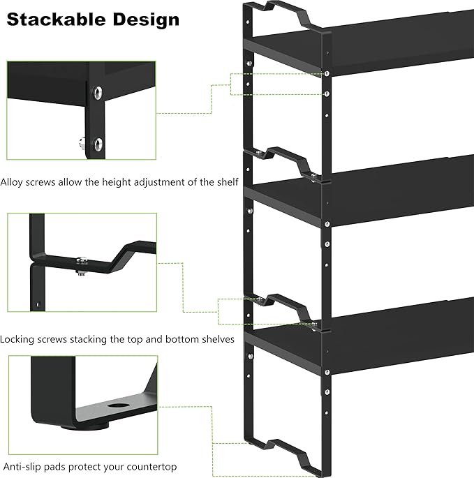 Jojocross Expandable Shelf for Cabinet Organizer Adjustable Stackable Spice Rack at Kitchen and Bathroom more, Counter Countertop Cupboard Organization Pantry Storage(MEDIUM/2PACKS/BLACK)