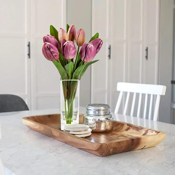 Briful Fake Flowers Artificial Tulip Flower Purple in Clear Vase, Real Touch EVA Tulip Arrangement Suitable for Home Office Fall Decoration, Dining Table Centerpiece