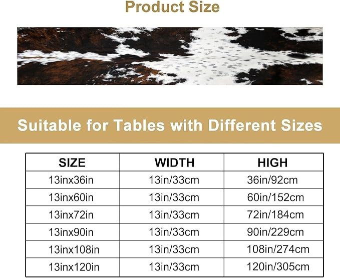Cow Print Table Runner,Western Style Black Brown Cowhide Farmhouse Pattern Table Runner for Coffee Table Dining Room Table Bedroom Party Holiday Decor 13x120inch