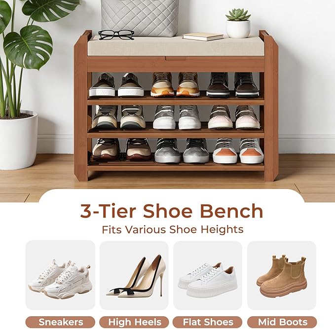 27.6" Bamboo Shoe Bench with Cushion, 3-Tier Adjustable Storage Bench for Entryway, Heavy Duty Shoe Rack Organizer with Removable Soft Cushion for Living Room Bedroom Hallway