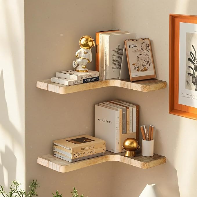 Floating Corner Shelves, Wall Shelf Set of 3, Shelves for Wall Storage, Solid Wood Shelves for Storage, Wall Mount Wooden Display Shelf for Bathroom Bedroom Kitchen Garage (Light 3Pcs)