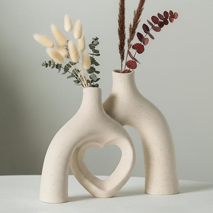 Liotww Snuggle Hollow Hug Donut Ceramic Vase, 8.3 Inch Modern Nordic Boho Style Aesthetic Decorative Flower Vases for Home Decor Pottery Barn Dining Living Room Table Shelf (Milky White)