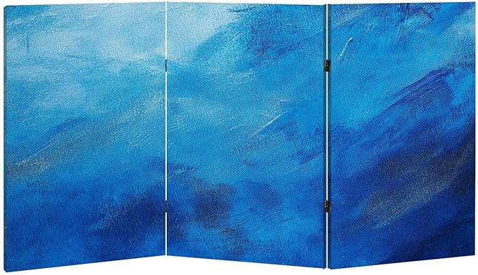 2 Ft Room Divider Screen Textured Blue Portable Short Canvas Folding Screen 3 Panel Freestanding Separator Privacy Partition Indoor Home Office
