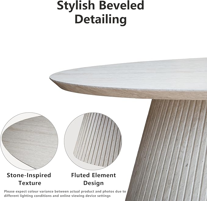win2win Oval Coffee Table, Modern Faux Stone Coffee Table with Fluted Design, Travertine Center Table with Tapered Base, Minimalist Tea Table for Living Room, Bedroom, Office, Stone