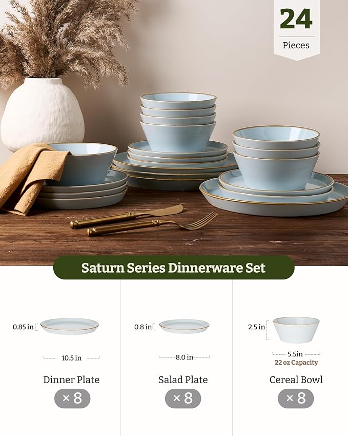 Famiware Saturn Stoneware Dinnerware Sets for 8 (24 Pieces), Ceramic Plates and Bowls Dish Sets with Hand-Painted Trim - Chip & Scratch Resistant, Microwave & Dishwasher Safe Tableware, Light Blue