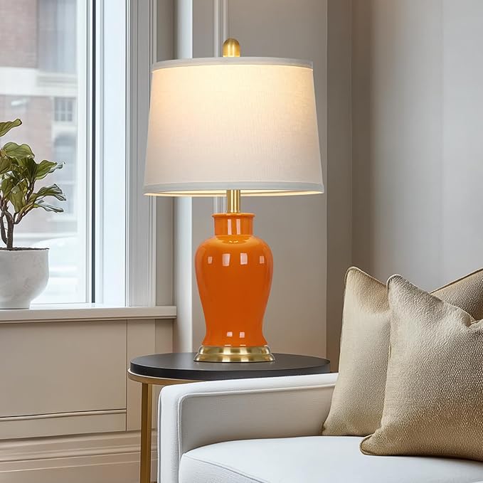 Ruzectt Orange Ceramic Lamps Set of 2, 23" Modern Table Lamps for Living Room, Stylish Bedroom Ginger Jar Lamps, Elegant Bedside Lamp for Night Stand Desk Side End Table Home Decor(Bulbs Included)