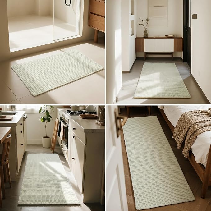 Triohero Waffle Bath Mat, Boho Bathroom Rugs Non Slip Washable, Ultra Soft Super Absorbent Quick Dry Farmhouse Bathroom Decor, 24" x 48", Cream White
