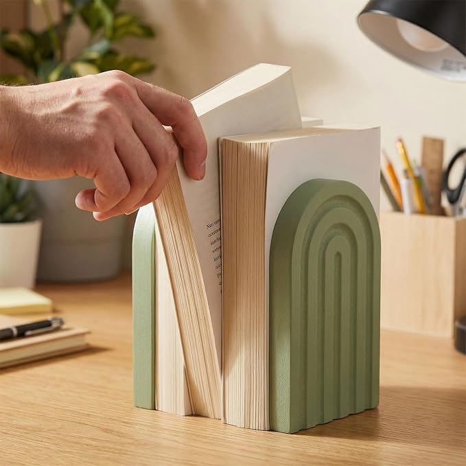 4 Pcs Boho Arch Wood Bookends Sage Green Rainbow Wooden Book Stands with Non-Slip Metal Base, Bookends for Shelves Heavy Books Back to School Home Office Study Desk Organizer